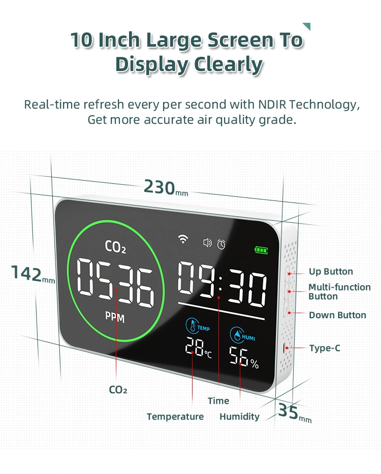 Monitor de la calidad del aire con WiFi, medidor de dióxido de carbono, el analizador de calidad del aire y el sensor de CO2 (NDIR)