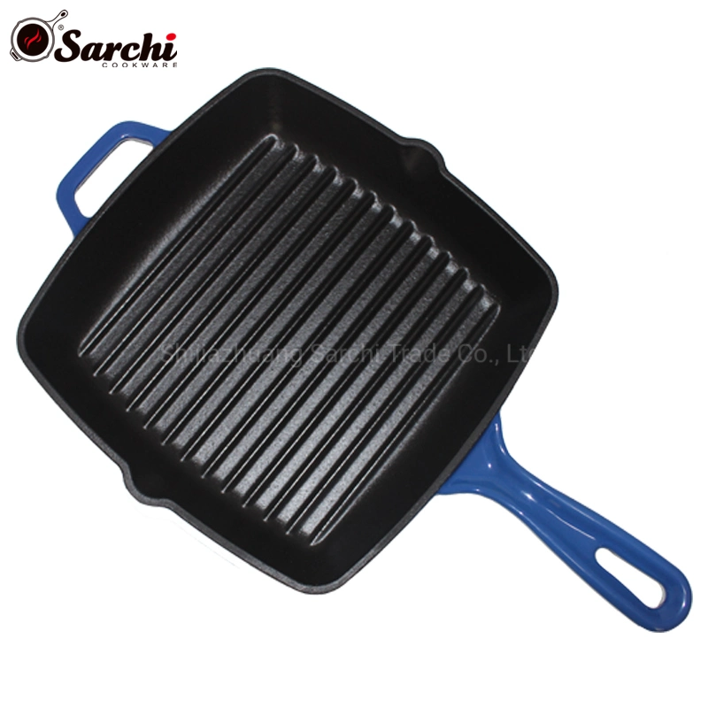 Kitchen Square Cast Iron Enamel Steak Frying Pan Skillet Grill Pan