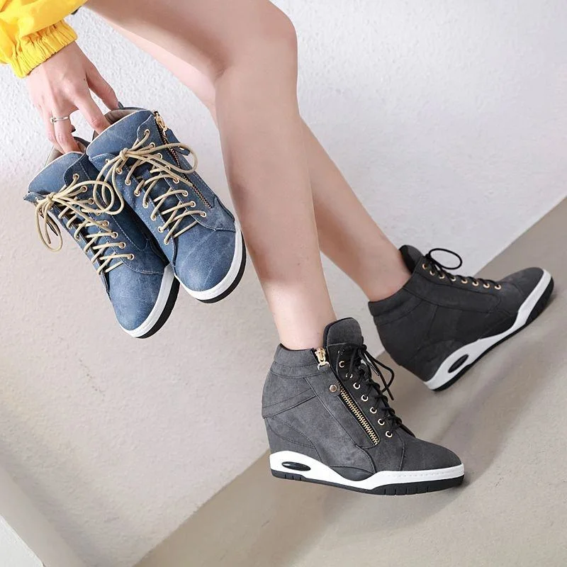 New Platform Casual Denim Female Shoes Side Zipper High Wedge Heel High-Top Ladies Platform Sneakers Lace-up Inner Increasing Jeans Shoes for Women