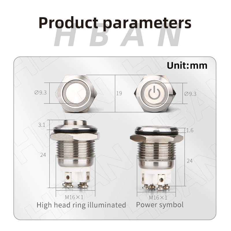 LED de anel azul do terminal de parafuso de 12 V metálico à prova de água de cabeça alta Interruptor de luz de 16 mm