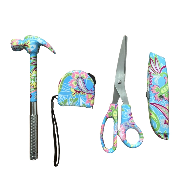 Floral Printed Metal Hand Tool Sets Including Hammer, Tape Measures, Scissors and Utility Knife Hand Tools