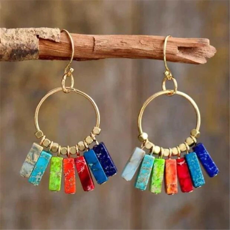 Fine Jewelry Fashion Jewelry Bohemian Charm Colorful Natural Stone Dangle Tube Chakra Earring for Women