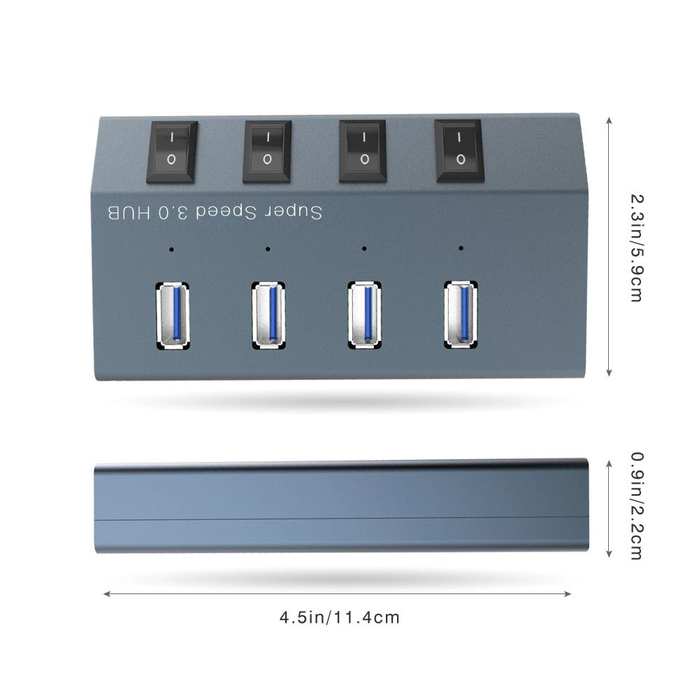 Concentrateur USB 3.0 vertical en aluminium à 4 ports avec alimentation marche/arrêt individuelle Commutateur USB câble adaptateur de répartiteur charge rapide 20V/4A