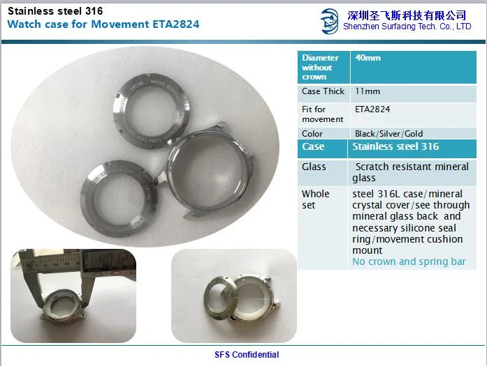 40mm Stainless Steel Watch Case Set for Movement 2824 2836