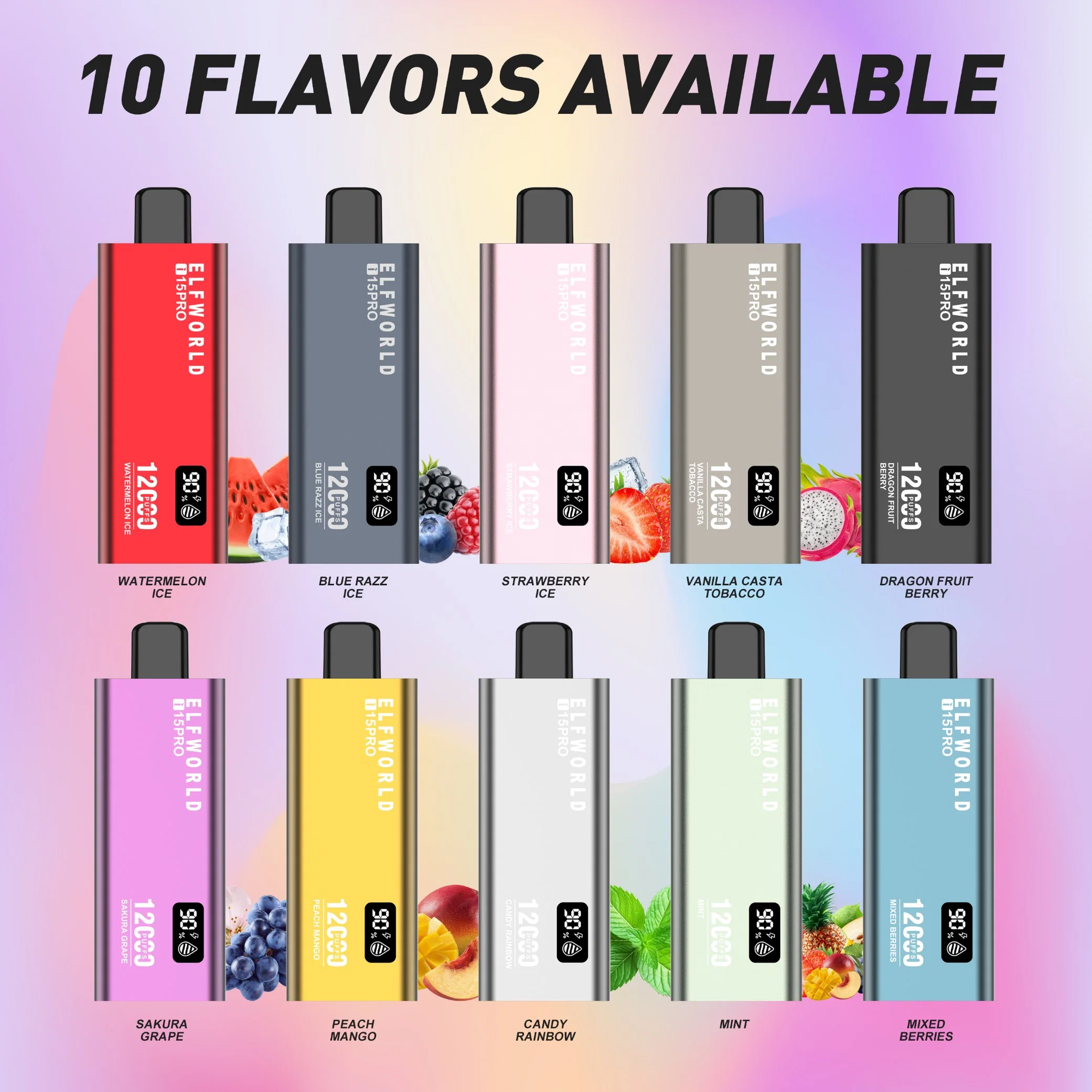 Usine Vente en gros Elf World 600 mAh batterie rechargeable 0% 2% 3% Sel de nicotine 5% Elfworld I15 PRO 12000 Puffs mince jetable Grille d'écran réglable à débit d'air