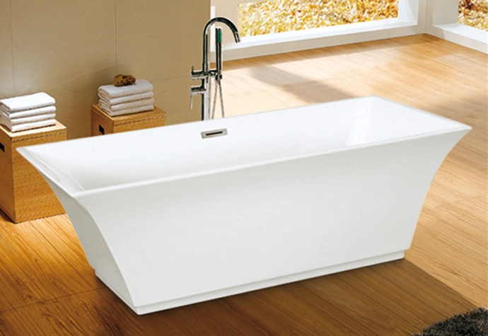 Rectangular Freestanding Acrylic Whirlpool Bathtub with Brass Line Overflow Drain