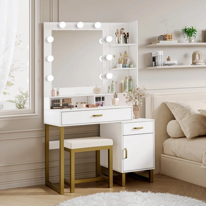 Dormitorio Madera moderna Muebles Blanco tocador tocador tocador Mesa Dresser Maquillaje Mesa de tocador con luces LED de espejo