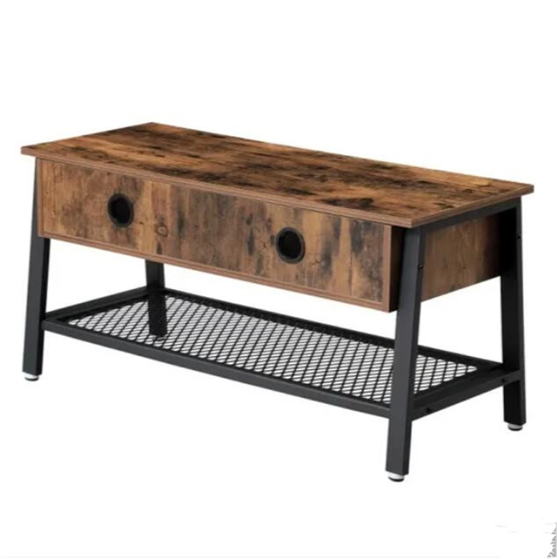 Industrial TV Stand with Mesh Shelf and Open Compartment