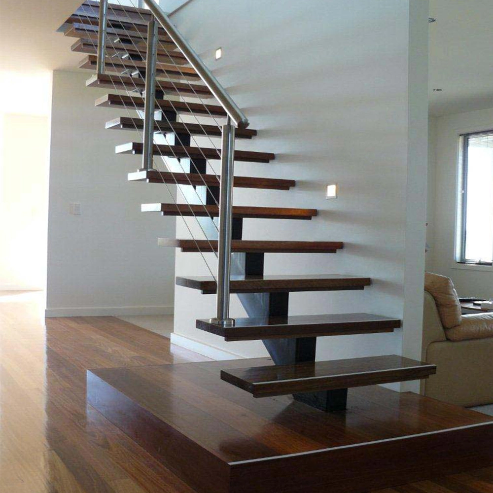 Indoor Metal Beam Wooden Straight Stairs with Irregularity Landing