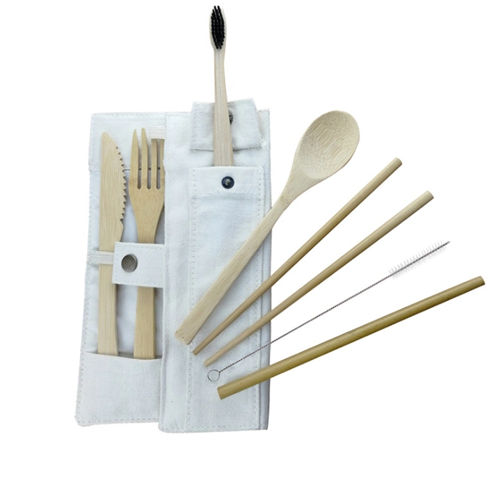 Aveco Lightweight Bamboo Travel Cutlery Set with White Buckle Double Pocket Bag