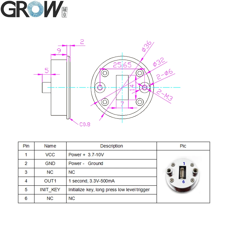 Crescer Kr501 elevado nível DC saída3.3-10V Fingerprint do Módulo de Controlo