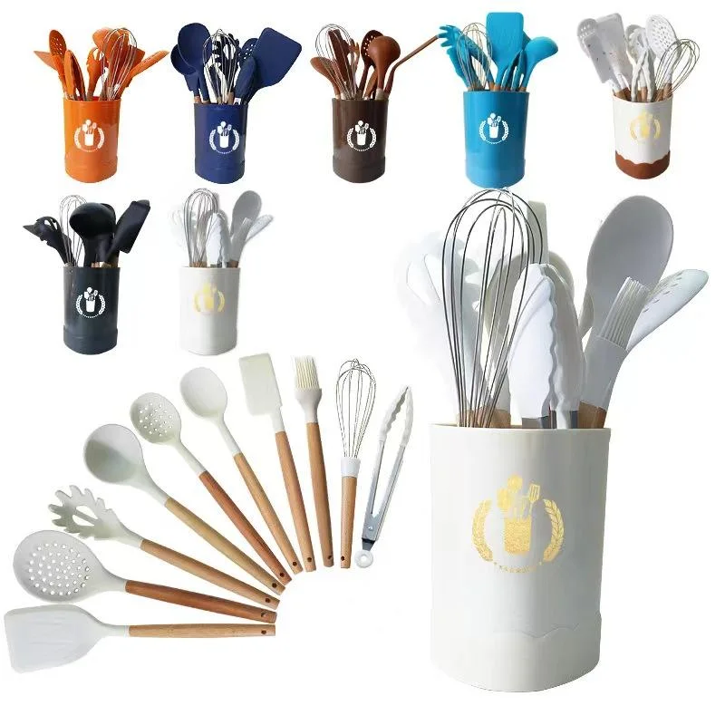 11 pièces en 1 ensemble silicone Home cuisine Accessoires cuisson Outils ensemble d'ustensiles de cuisine en silicone avec poignées en bois