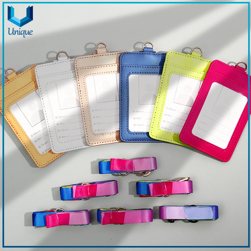 Cheap Free Sample Wholesale Custom Fashionable PU Leather Name ID Card Badge Holder with Ribbon Lanyard