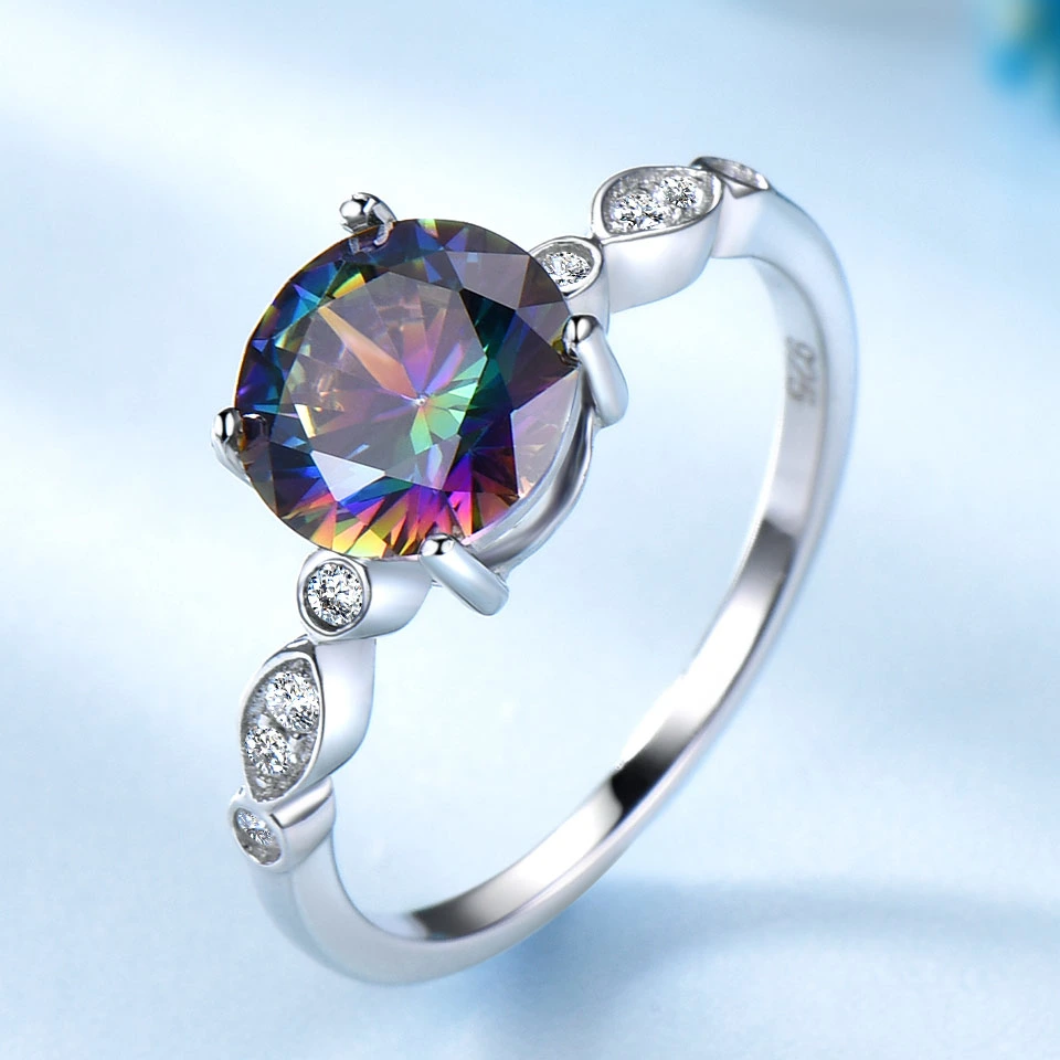 Redondo Fuego genuino Rainbow Mystic Topaz 925 Sterling Silver Women Anillo