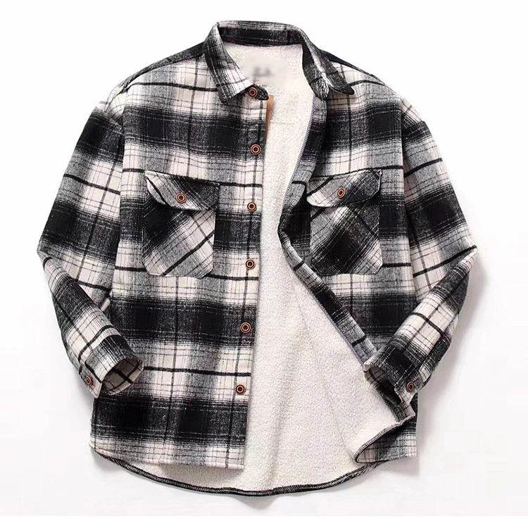 Sherpa Custom Logo Warm Fleece Brushed Lined Flannel Plaid Shirt Jackets