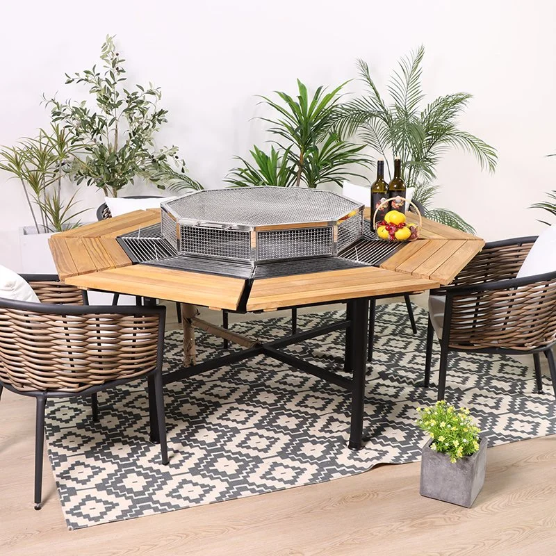 Moderno mayorista Mesa de madera y silla Ratán exterior comedor conjunto Muebles de Jardín de mimbre