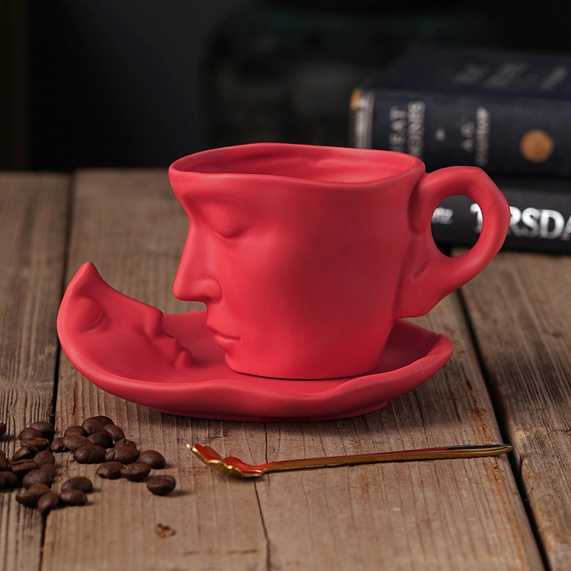 Ceramic 3D Human Face Mug & Saucer Set with Flower Spoon for Lovers