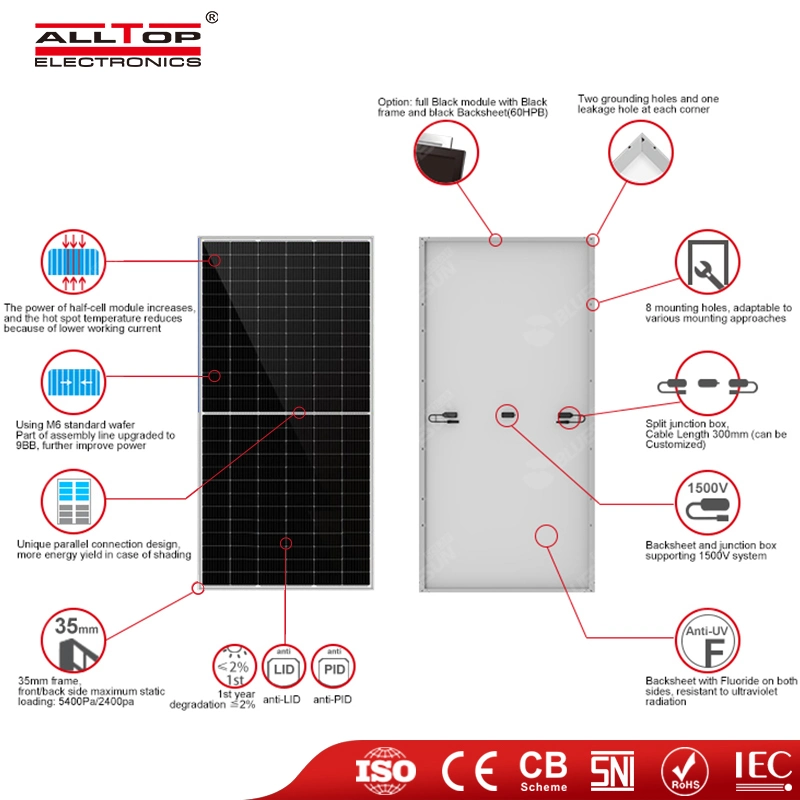 Système hybride 360 W 365W 370W 375W Alltop personnalisé 5bb 6bb panneau solaire de panneau cristallin monochrome de toit 9bb