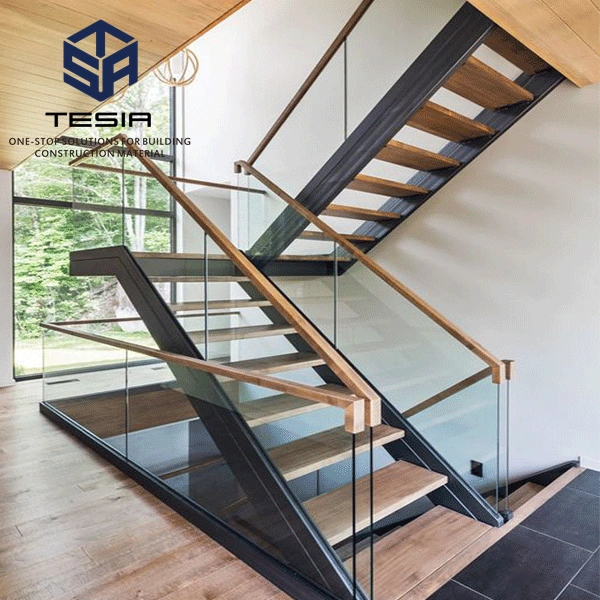 prix d'usine personnaliser escalier intérieur conduit en verre de rampe droite domiciliaires en acier escaliers en bois
