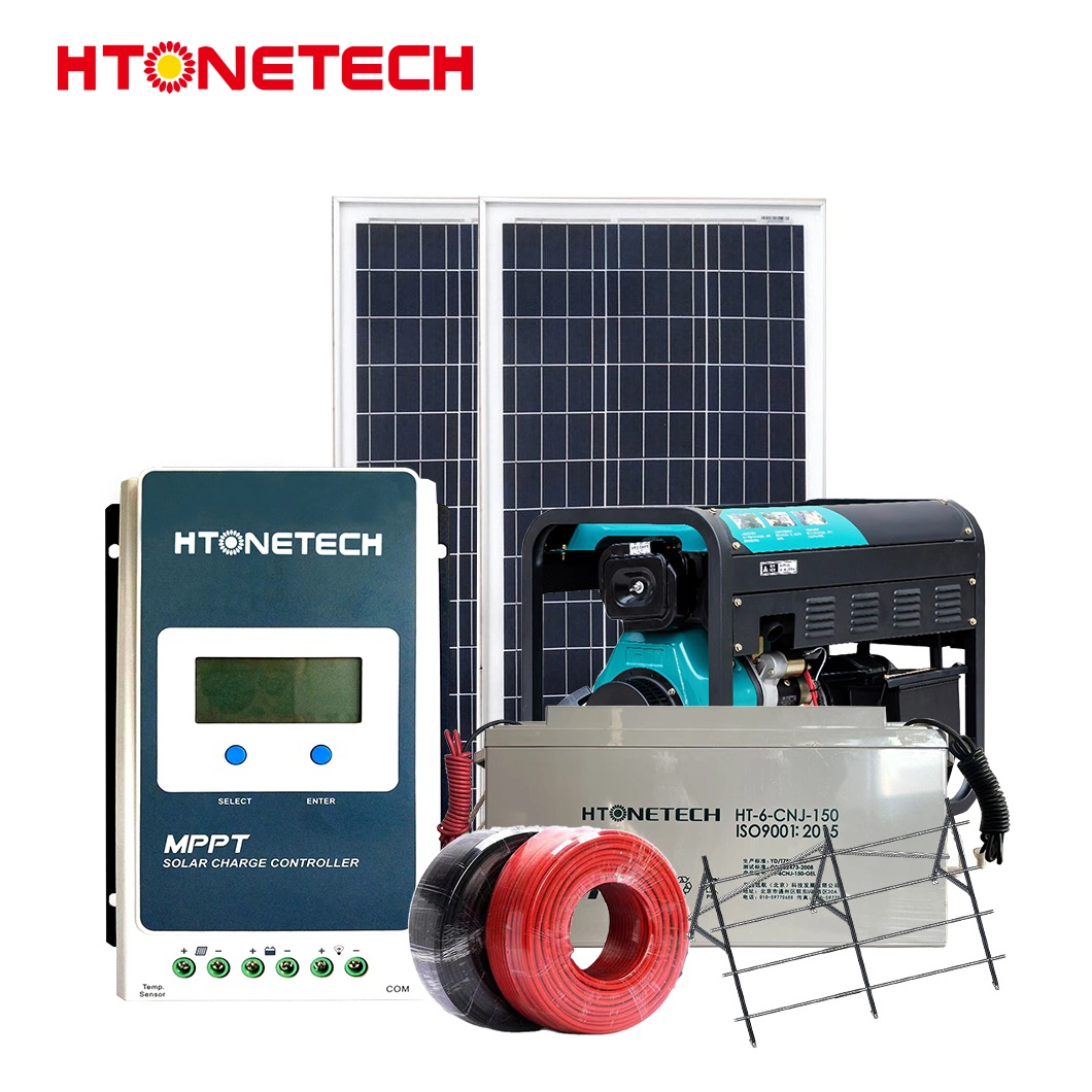 Htonetech système solaire éolien hors réseau Kit complet Chine 5kWh 10kWh 15kWh 59kWh Panneau solaire mono noir 150W Générateur diesel 110kW Système d'énergie solaire 1MW.