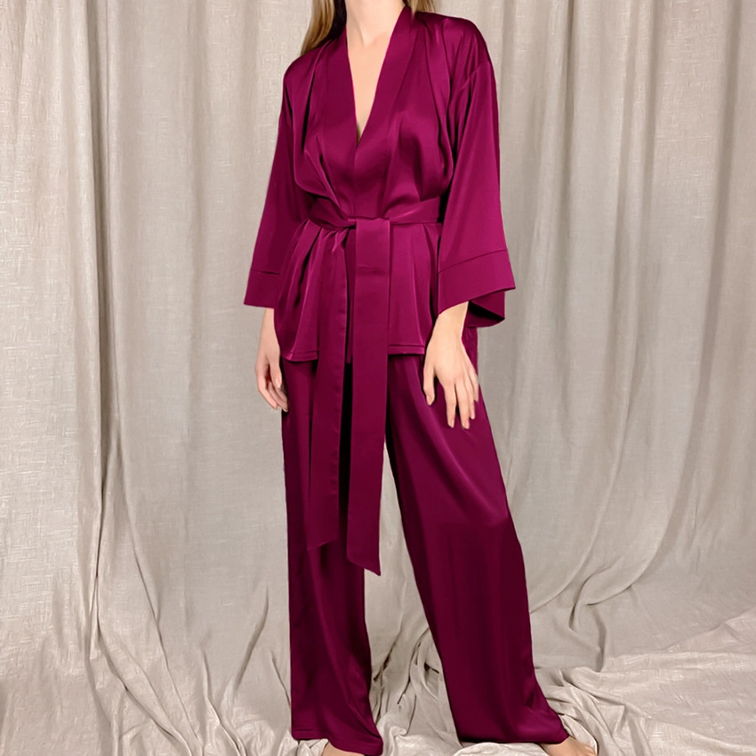 15 Colors Options Long Sleeve Solid Color Cardigan Pajamas Lace up Loungewear Satin Robe Pajama Set