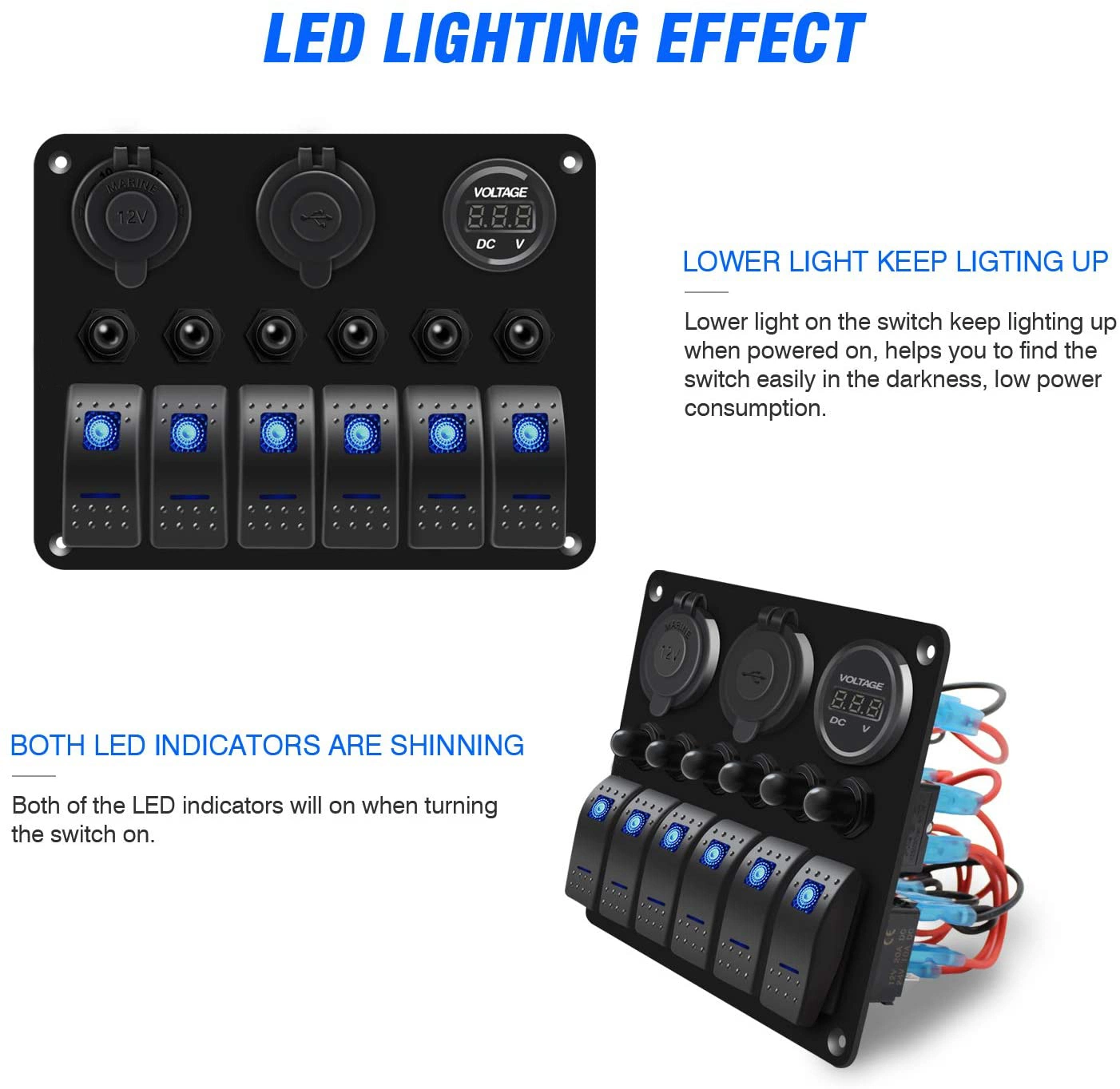 6 عصابات المتأرجح المقاوم للماء Swtich Alloy Panel مع ولاعة السجائر مقبس، DC 5 فولت 4.2A شاحن USB مزدوج جهاز قياس الفولتية للسيارة البحرية دراجة بخارية