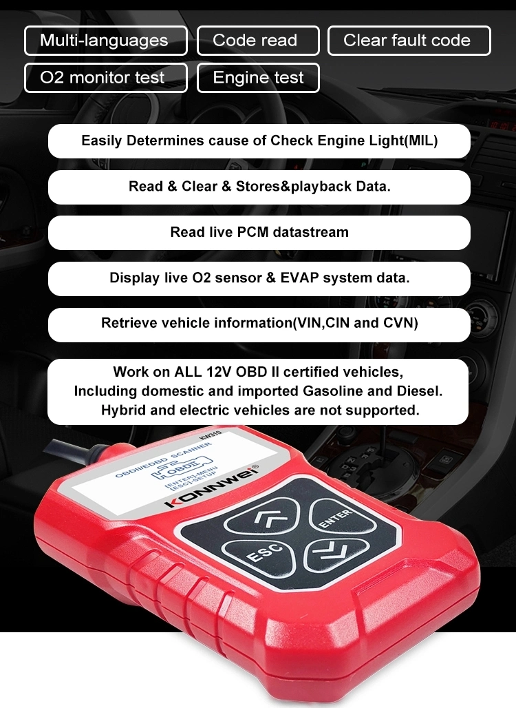 Konnwei Kw310 OBD2 Scanner Full Functions 10 Modes Diagnostic Tools for 12V Car Tester