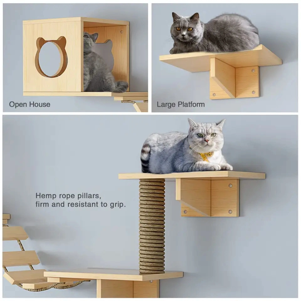 خشب صلبة قطط أثاث أشجار الحيوانات الأليفة خدشت لوح تسلق برج Cat Tree Katzenbaum المُثبَّت على جدار الجسر