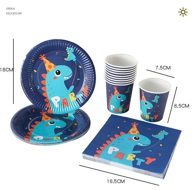 Niedliche Dinasor Cartoons Geschirr Set enthält Papier Set von Teller Tasse Tissue Supplies Dekorationen Servietten Wiederverwendbare Kunststoff Porzellan Papier Dinner Platten