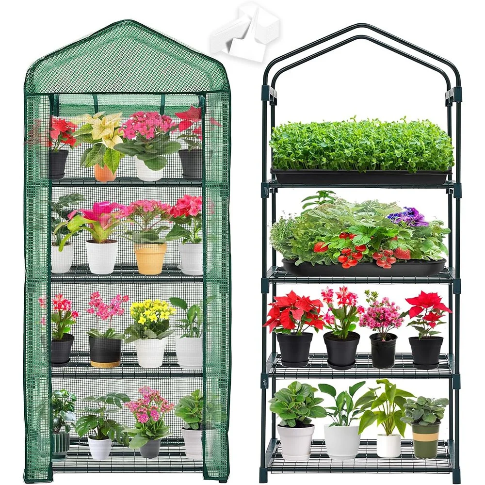 Mini Gewächshaus für Indoor Outdoor, kleine Kunststoffpflanze Green House 4-Tier Rack-Ständer Tragbare Gewächshäuser mit haltbarem PE-Bezug für Sämling