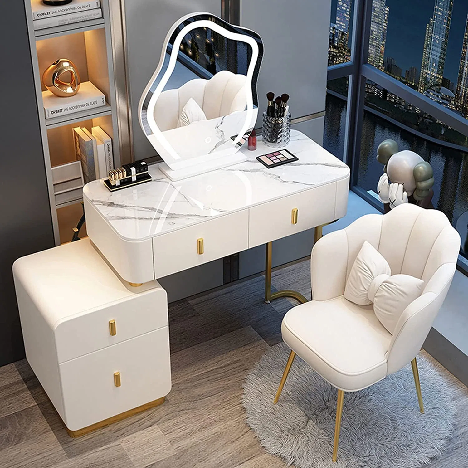 Conjunto de tocador de maquillaje para el hogar/dormitorio moderno nórdico con mesa de tocador extensible, espejo con armario y taburete incluidos con luz LED