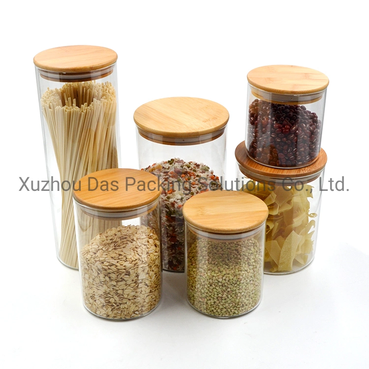 All Sizes Wooden Lid Straight Sided Round Borosilicate Glass Food Storage Spice Jar for Sugar Cookies Candy Spaghetti