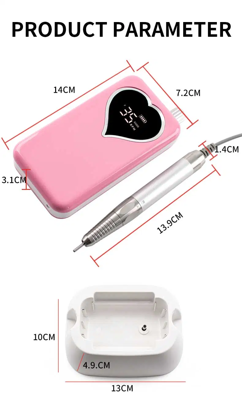 35, 000 rpm eléctrico inalámbrico recargable portátil de la taladradora de la uña Heart-Shape sin escobillas de la pantalla LCD de taladro de uñas