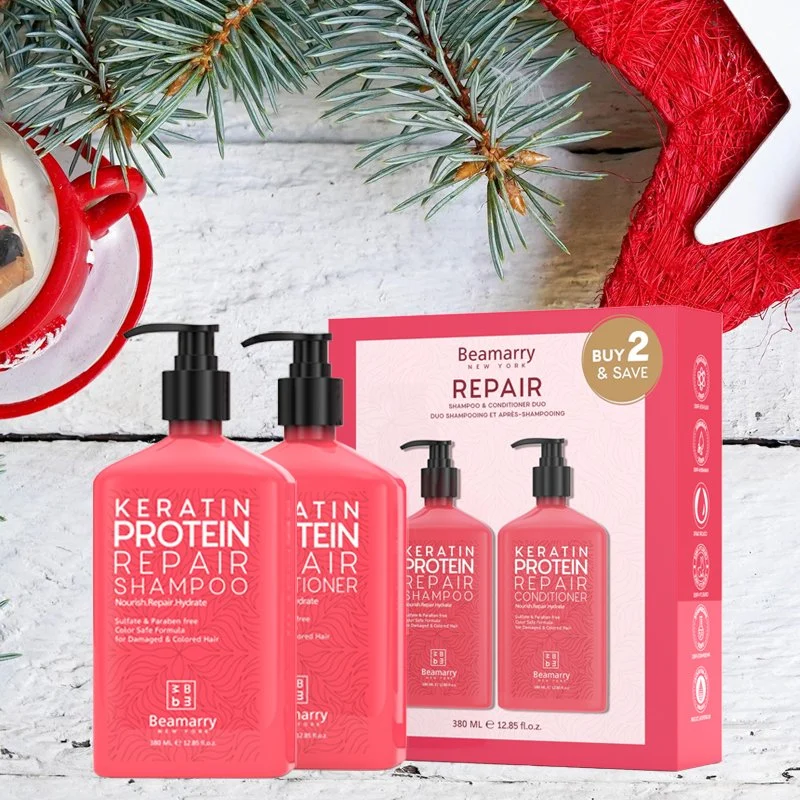 Joyeux Noël d'emballage de luxe à réparer les cheveux de prévention de la barre d'herbes Vegan Hair-Loss kératine ensemble cadeau Le shampooing et la conditionneuse