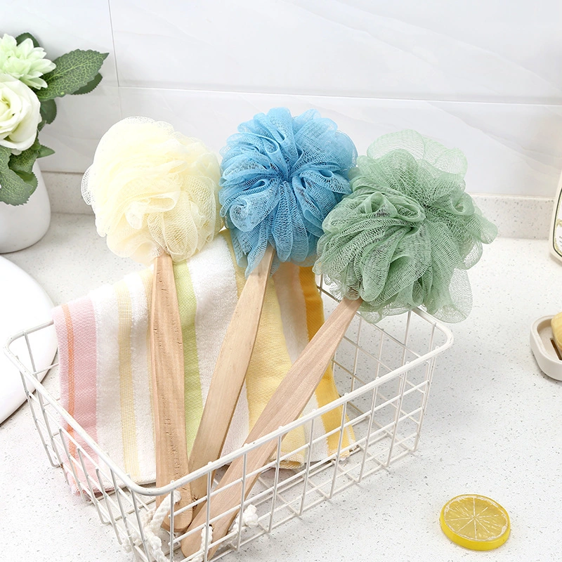 Natural Bamboo Exfoliate Flower Bath Shower Ball Sponge Eco Friendly Body Loofah Mesh Bath Ball Sponge Brush with Handle