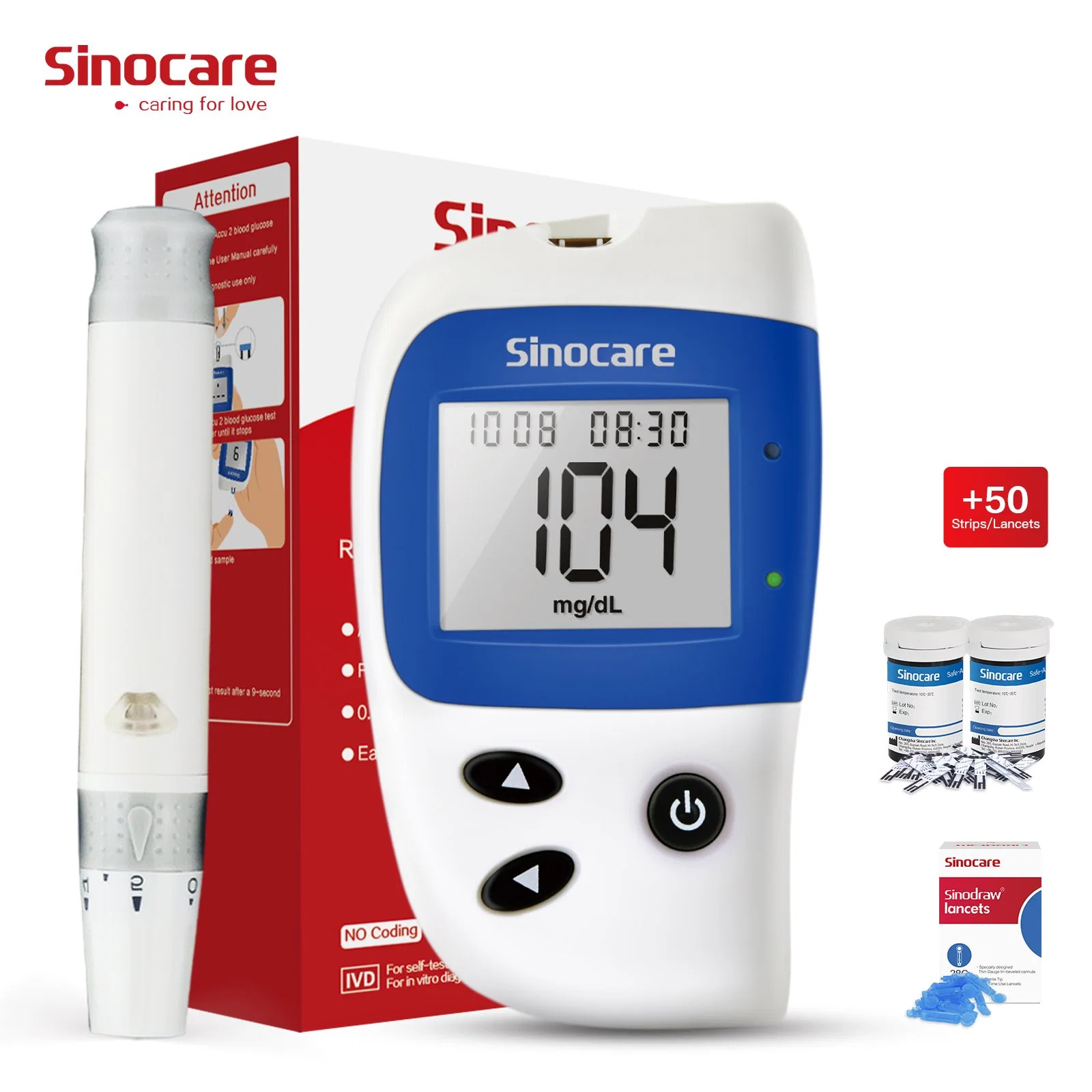 Sinocare Blood Glucose Meter Medical Device for Measuring Blood Sugar Glucometer with 50 PCS Diabetic Test Strips for Glucometro