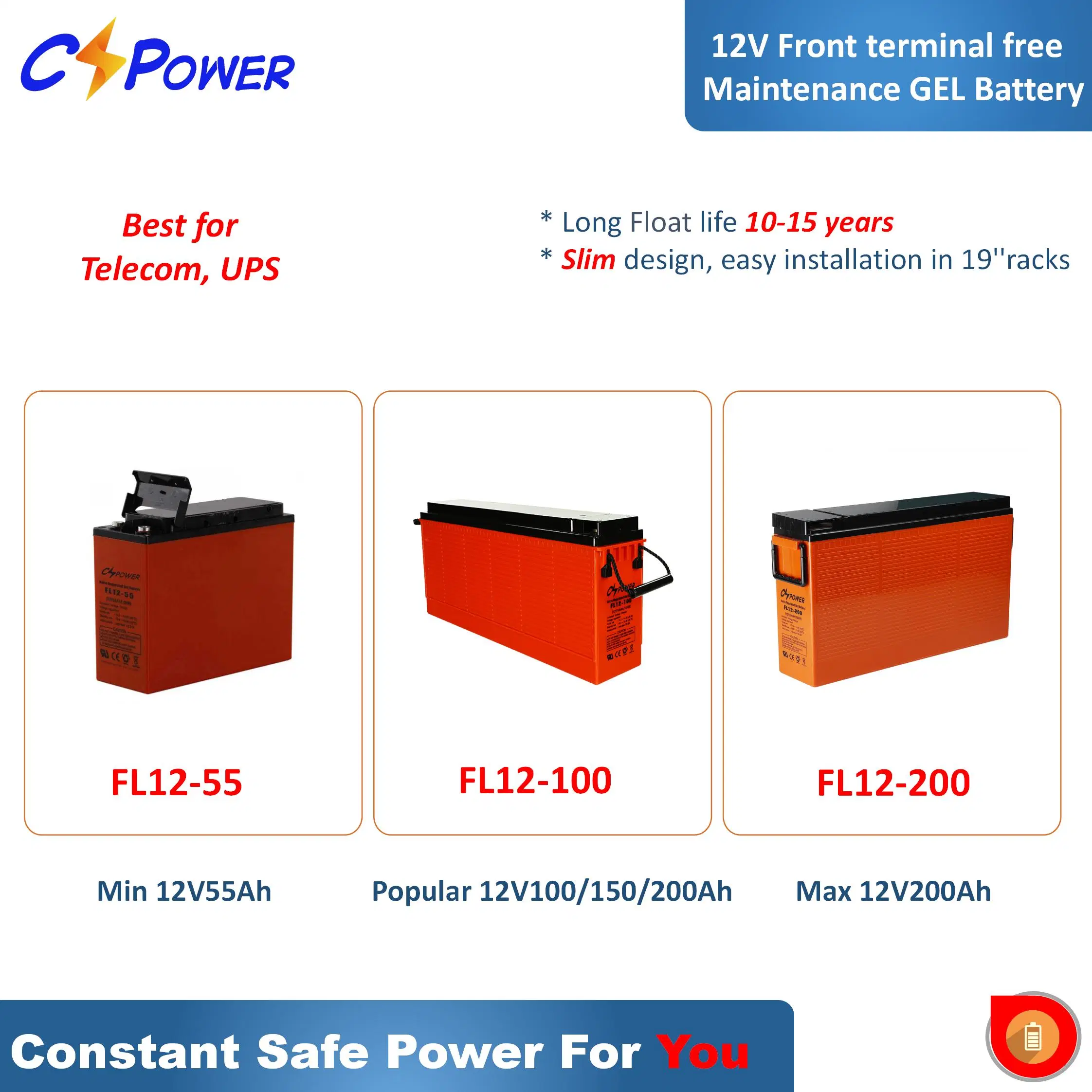 Cspower Battery Front Terminal Rechargeable Gel Battery Slim Battery FL12-100ah/12V-100ah-Battery/Telecom-Battery/Inverter-Panel-Battery/Solar-Battery-12V/Csi