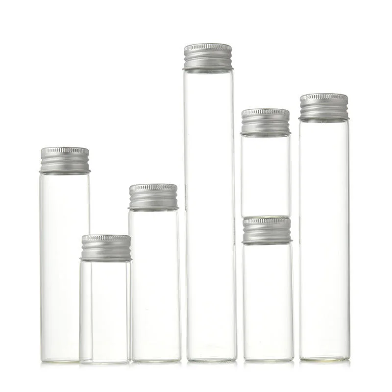 Mini-Glasrohr 5ml 10ml 15ml 20ml 25ml 30ml 50ml 60ml 100ml 120ml Klarglas Aufbewahrungsflasche mit Aluminium Schraubverschluss