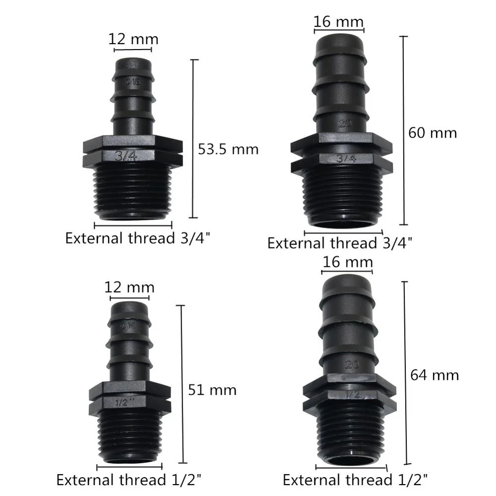 Agricultura 1/2" de arame farpado com rosca macho de 3/4" DN16 DN20 Conector da mangueira de jardim