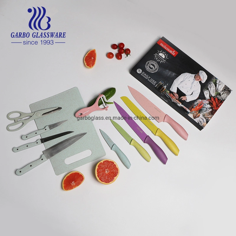 Stainless Steel Chef Knife Set with Wheat Straw Plastic Handle Servicing Butter Knives Kitchenware with Gift Box Pack