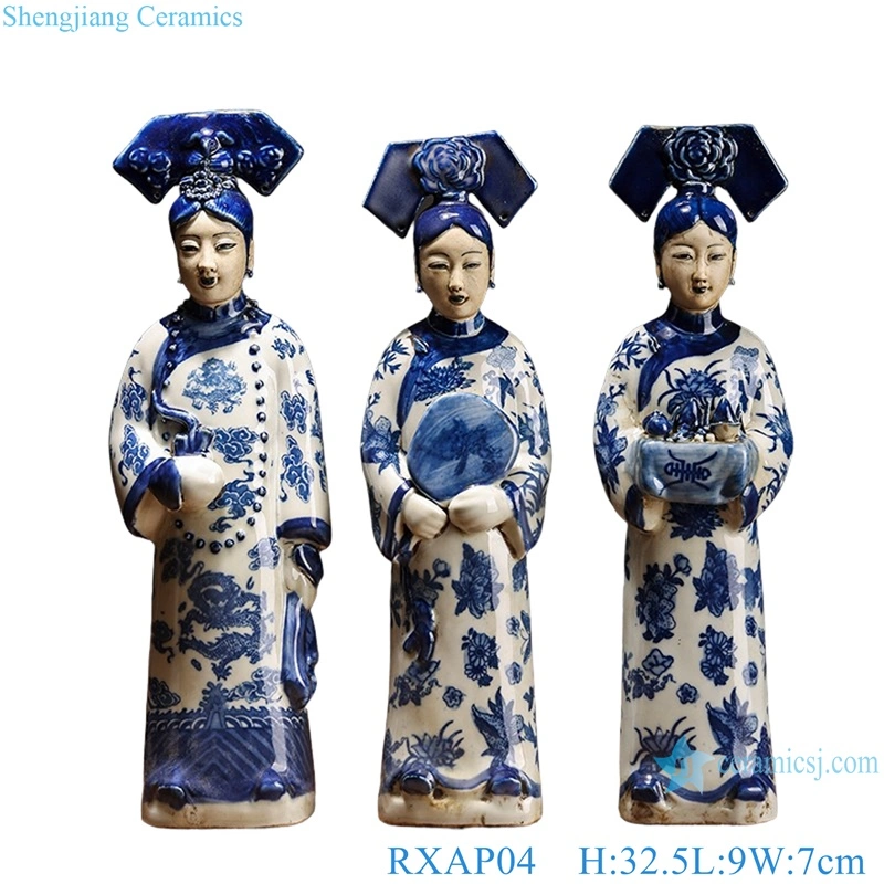 Chinese Traditional Antique Qing Dynast Queen Ceramic Sculpture Figures Statue Set of Three