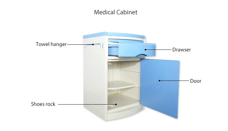 Hospital Furniture ABS Mobile Patient Bedside Storage Cabinet with Table Beside Cabinet with Wheels and Extended Dining Table