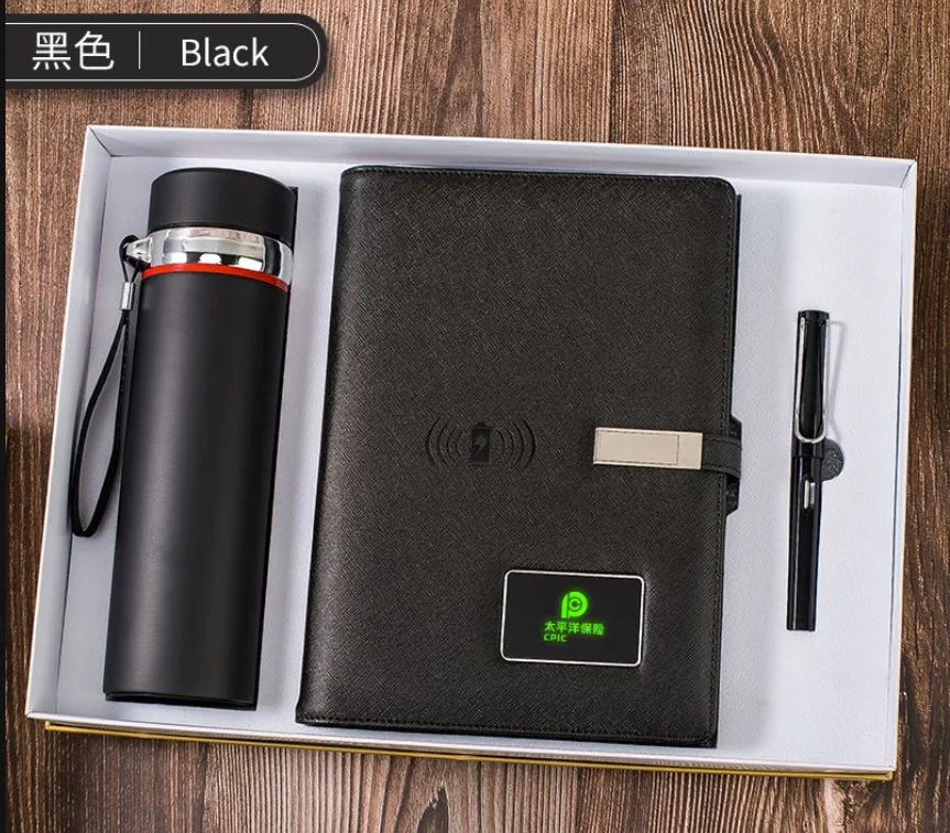 Custom Light up Logo 8000mAh 16g USB Leather Multifunctional Powerbank with Wireless Charging Notebook Gift Set