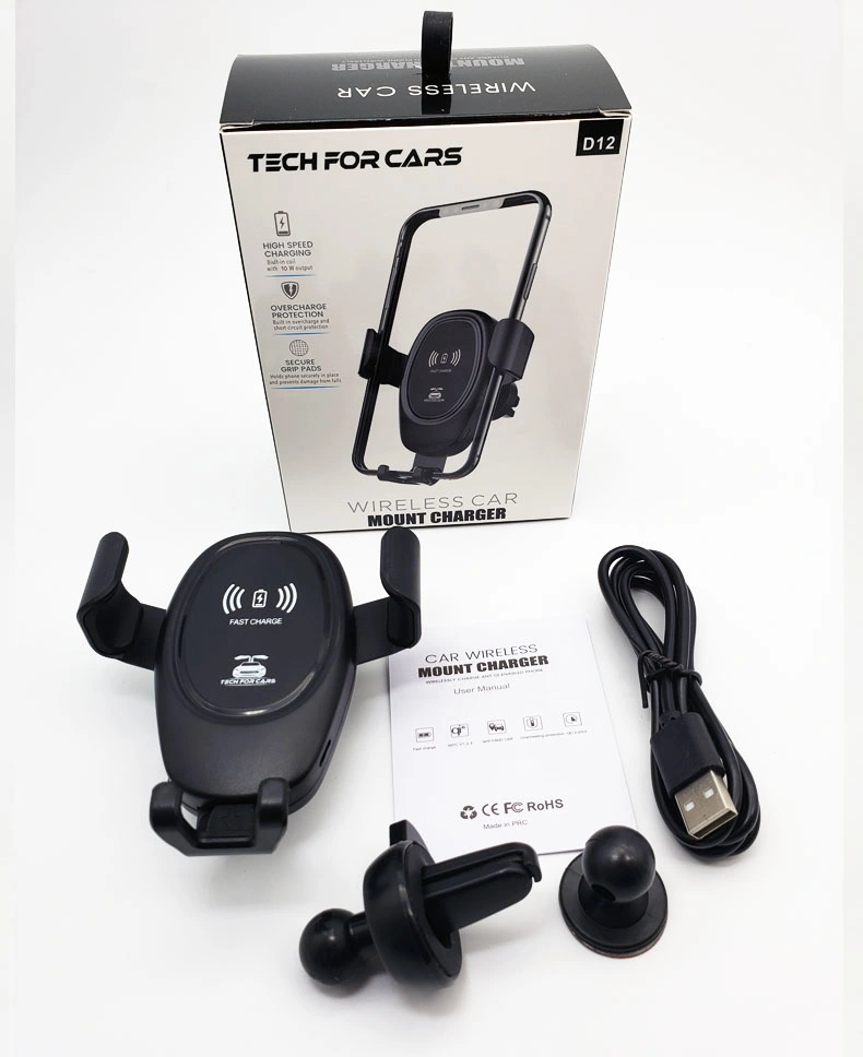 Superventas de carga rápida de D12 10W de montaje de coche cargador inalámbrico para teléfonos móviles