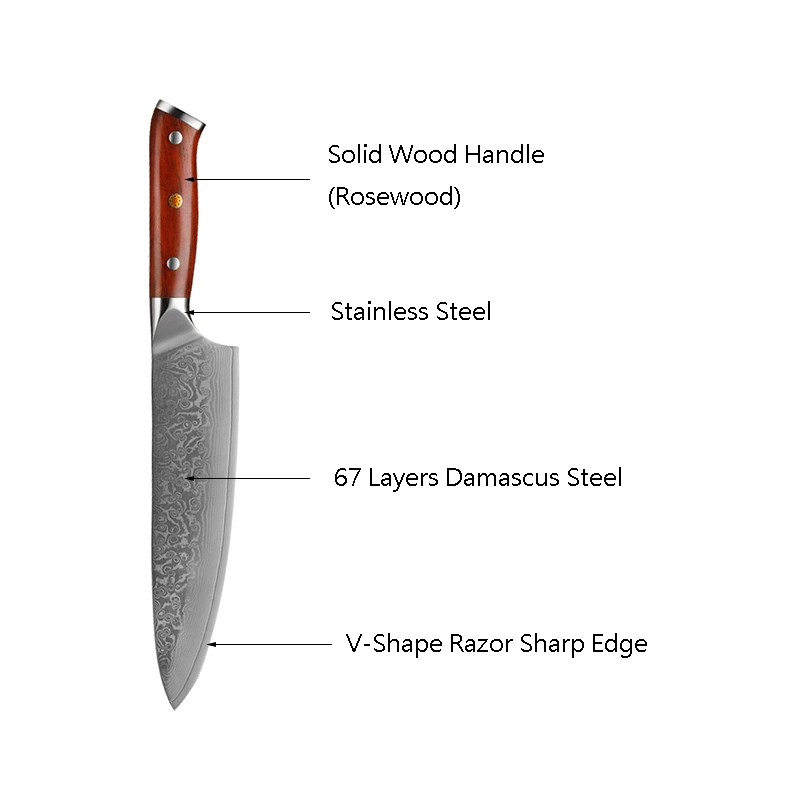 8 Inch Professional 67 Layers Damascus Steel Rosewood Solid Wood Handle Sharp Kitchen Chef Knife with Gift Box