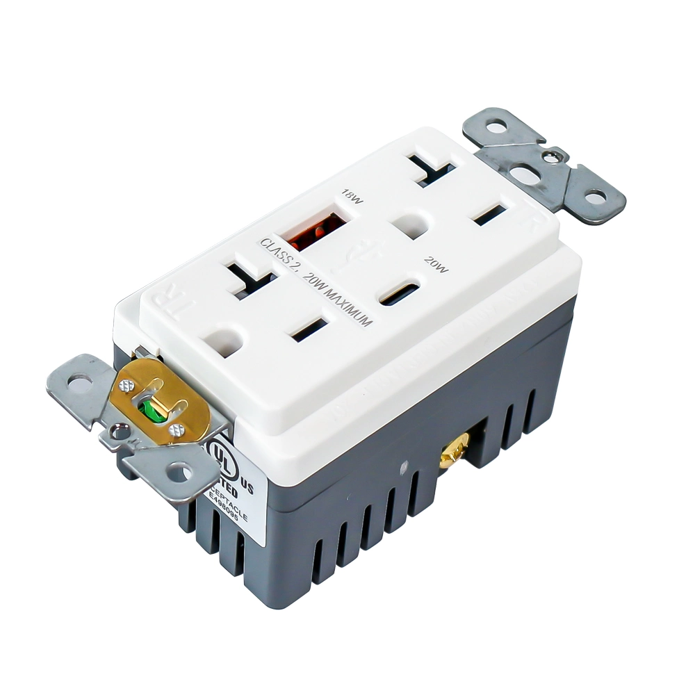 Hot Sale Electrical Socket 125V 20A Charger Phone Type-C 20W Pd Output Dual USB Fast Charger Duplex Receptacle