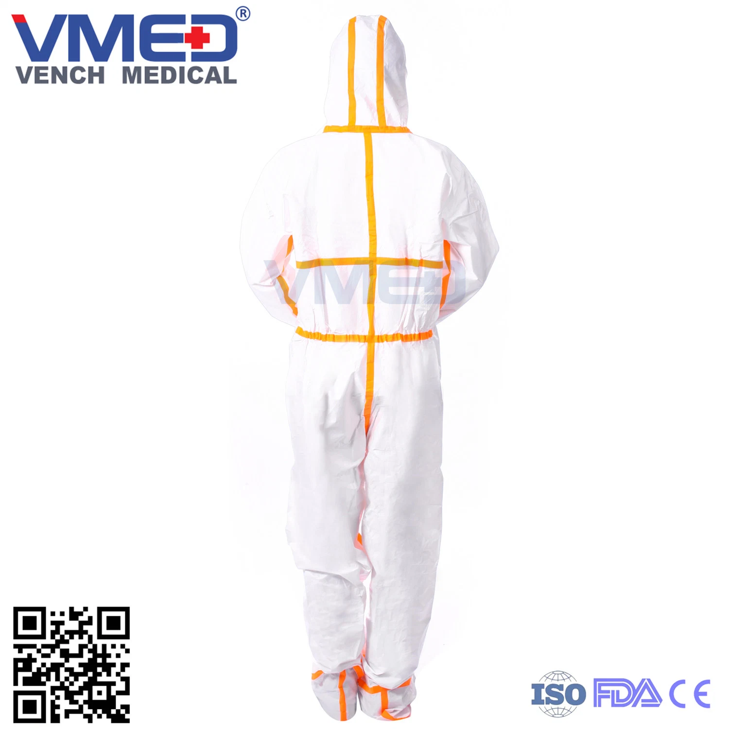 Disposable Type 5/6 White Micro-Porous Coverall with Orange Adhesive Strip