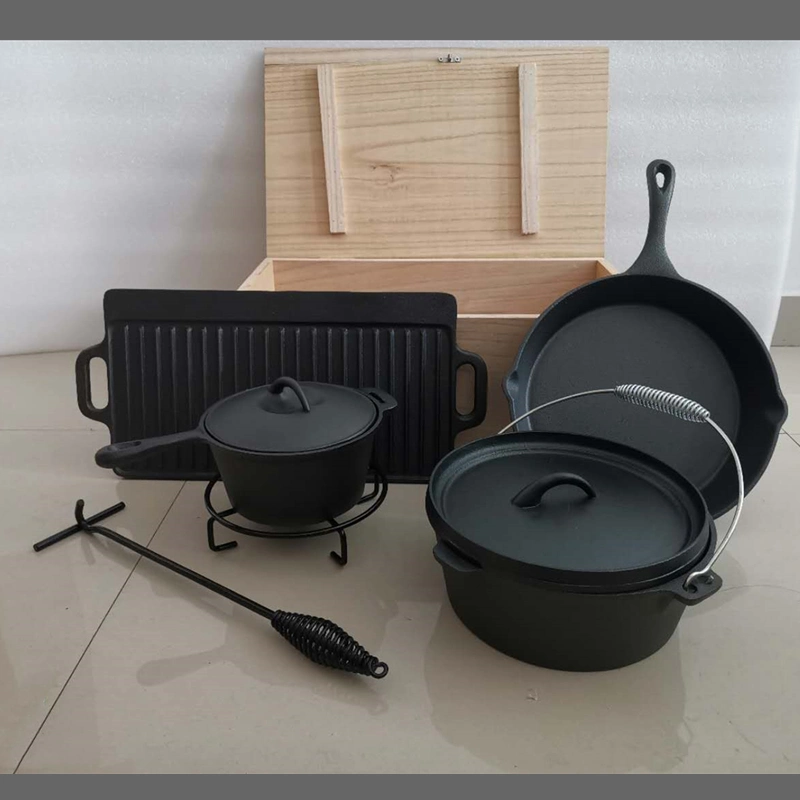 7-Piece Cast Iron Camping Pot Cookware Set with Wooden Box