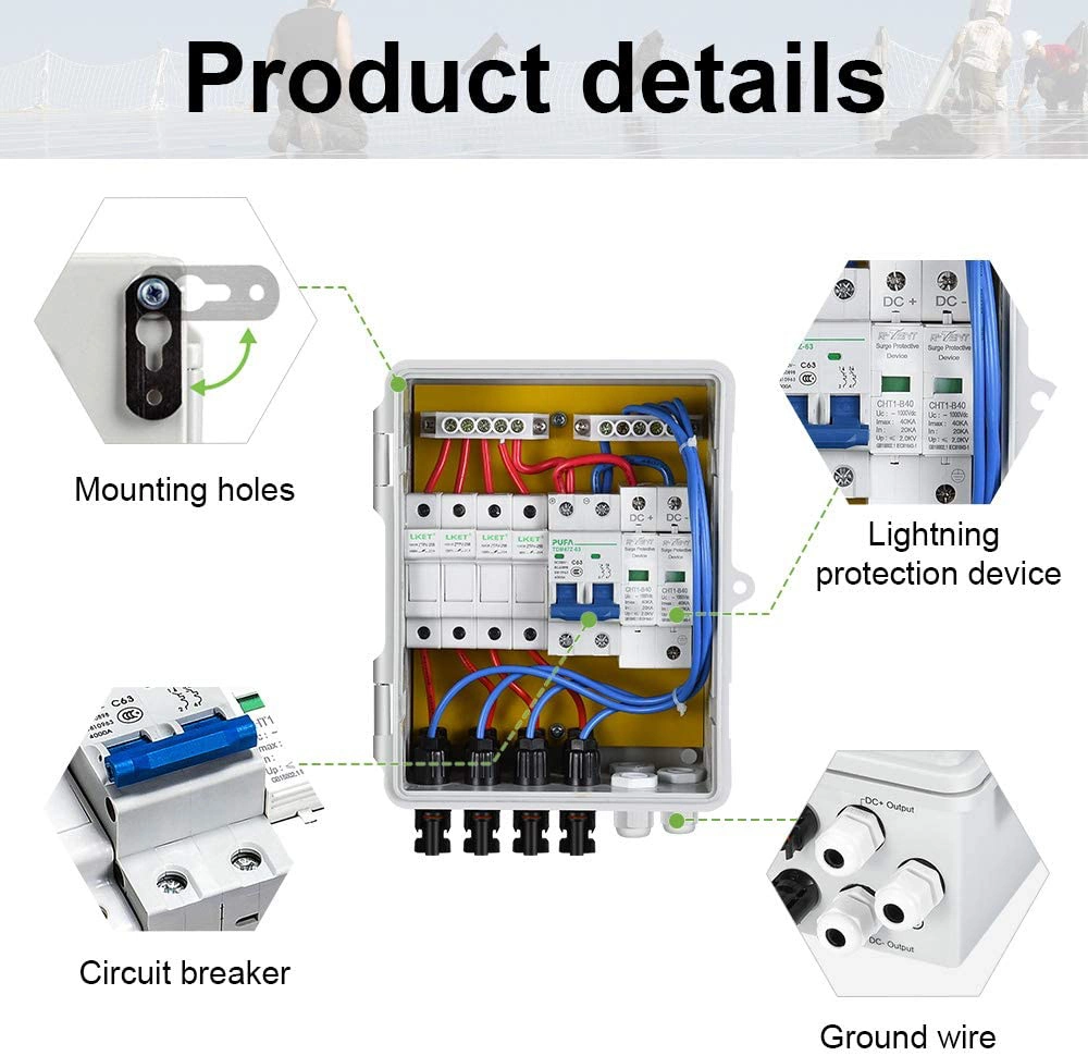 Boîte de combinaison PV Canoz-PV4/1, 4 câbles, avec fusible de courant nominal de 15 a, disjoncteur 63 a, parasurtenseur/parafoudre 2,8 kV et connecteurs solaires MC4 pour O