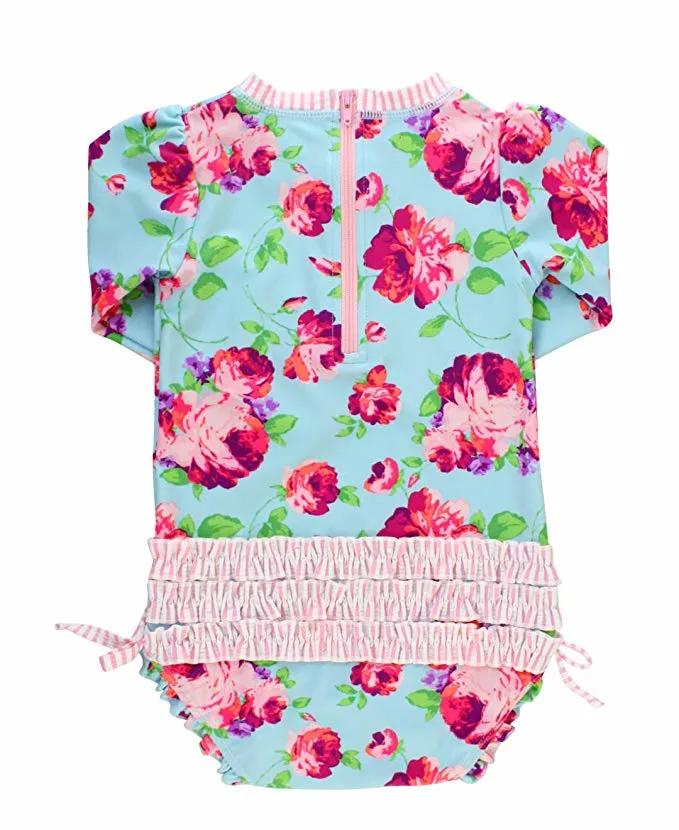 Baby/Toddler Girls Upf 50+ Sun Protection Long Sleeve One Piece Summer Clothing with Zipper Butterfly Lace Printed Swimsuit